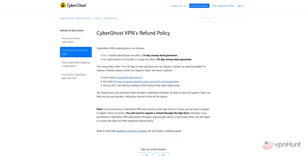 cyberghost refund