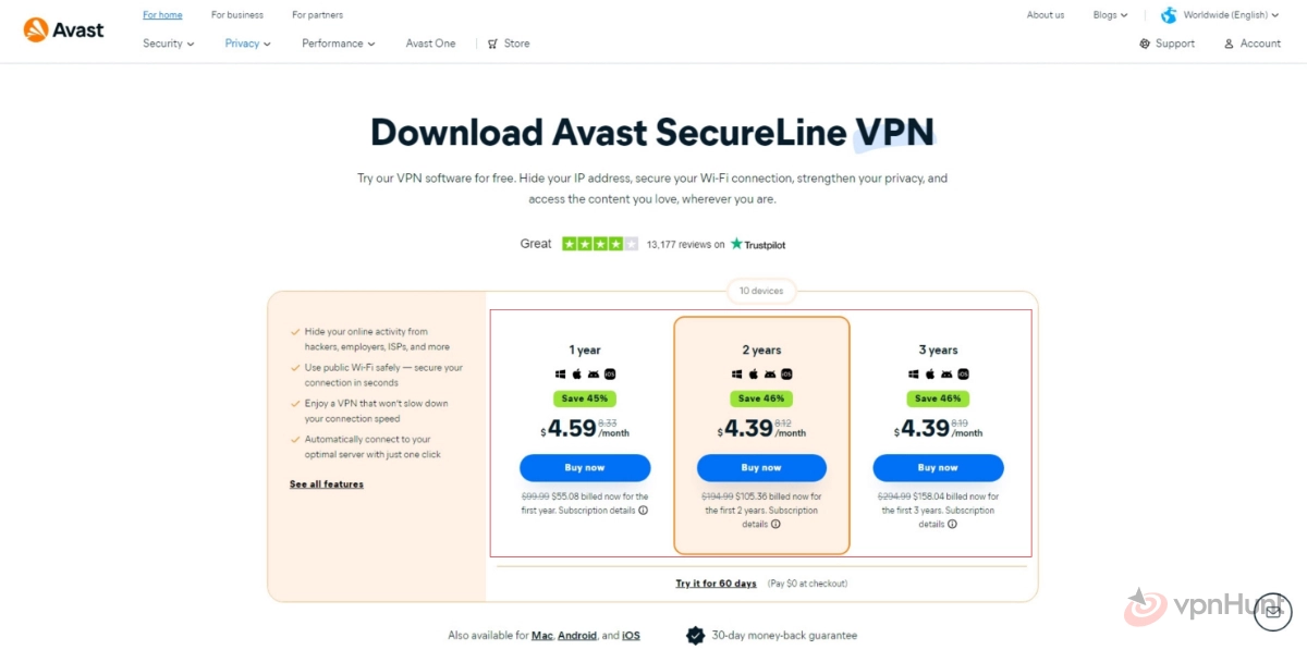 avast vpn cost