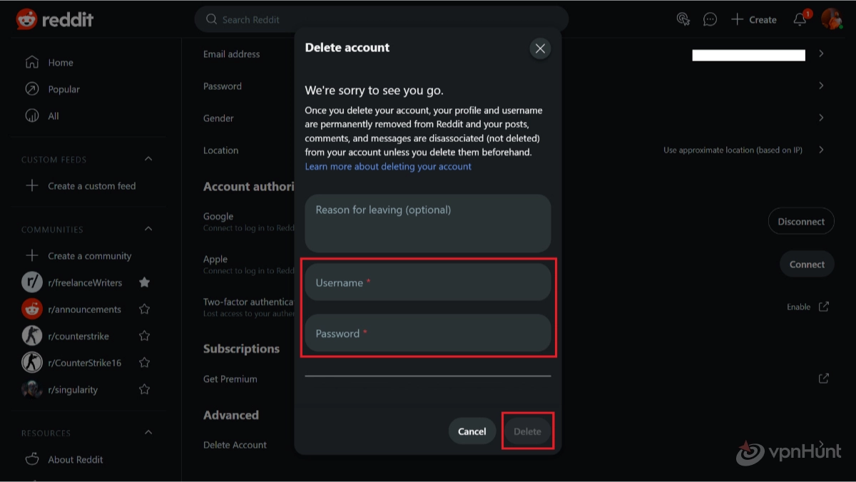 how to permanently delete reddit account