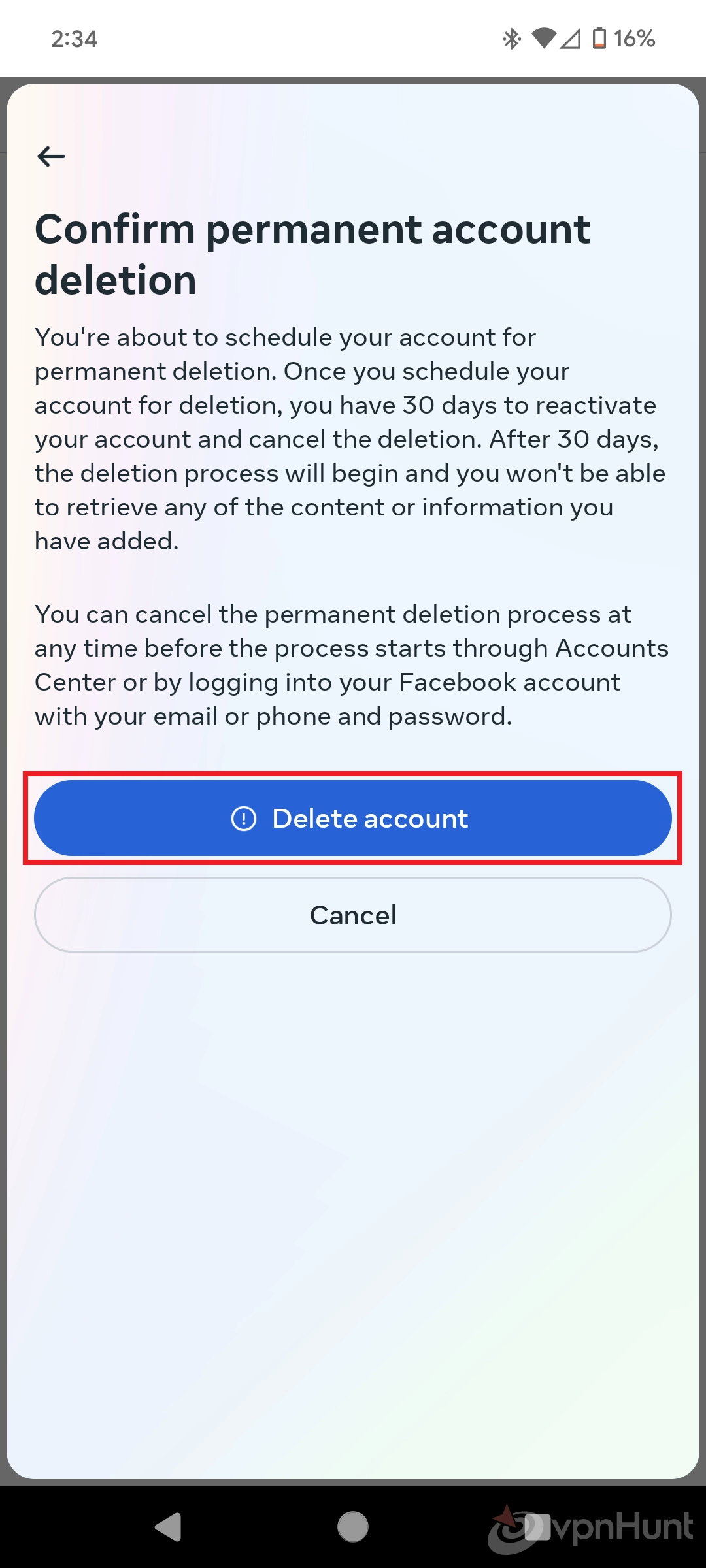 delete facebook account