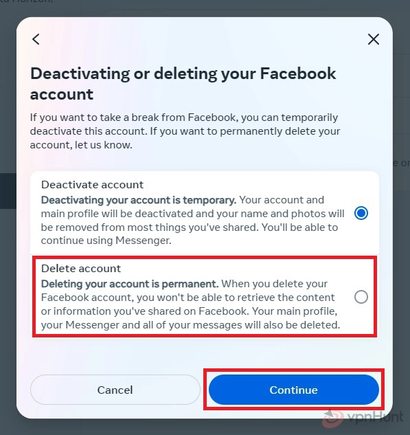 how to delete fb account