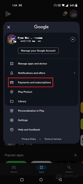 Select Payments and subscriptions